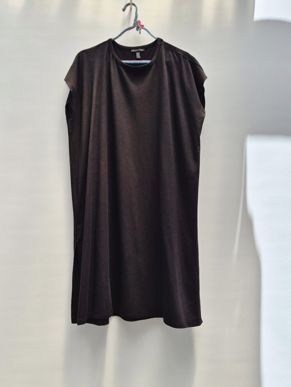 EILEEN FISHER Black Tencel Jersey Tunic Dress Medium M Lagenlook Minimalist Slit